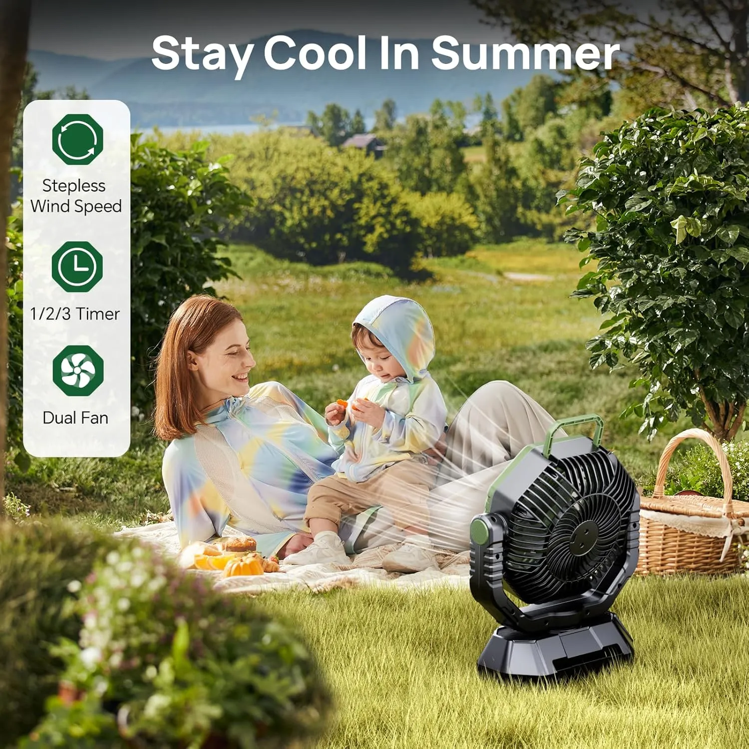 AJVV Camping Fan, 20000mAh Portable Rechargeable Battery Powered Fan with Stepless Wind Speed, Personal Desk USB with Light for Outdoor, Home, Tent, Fishing, Camping