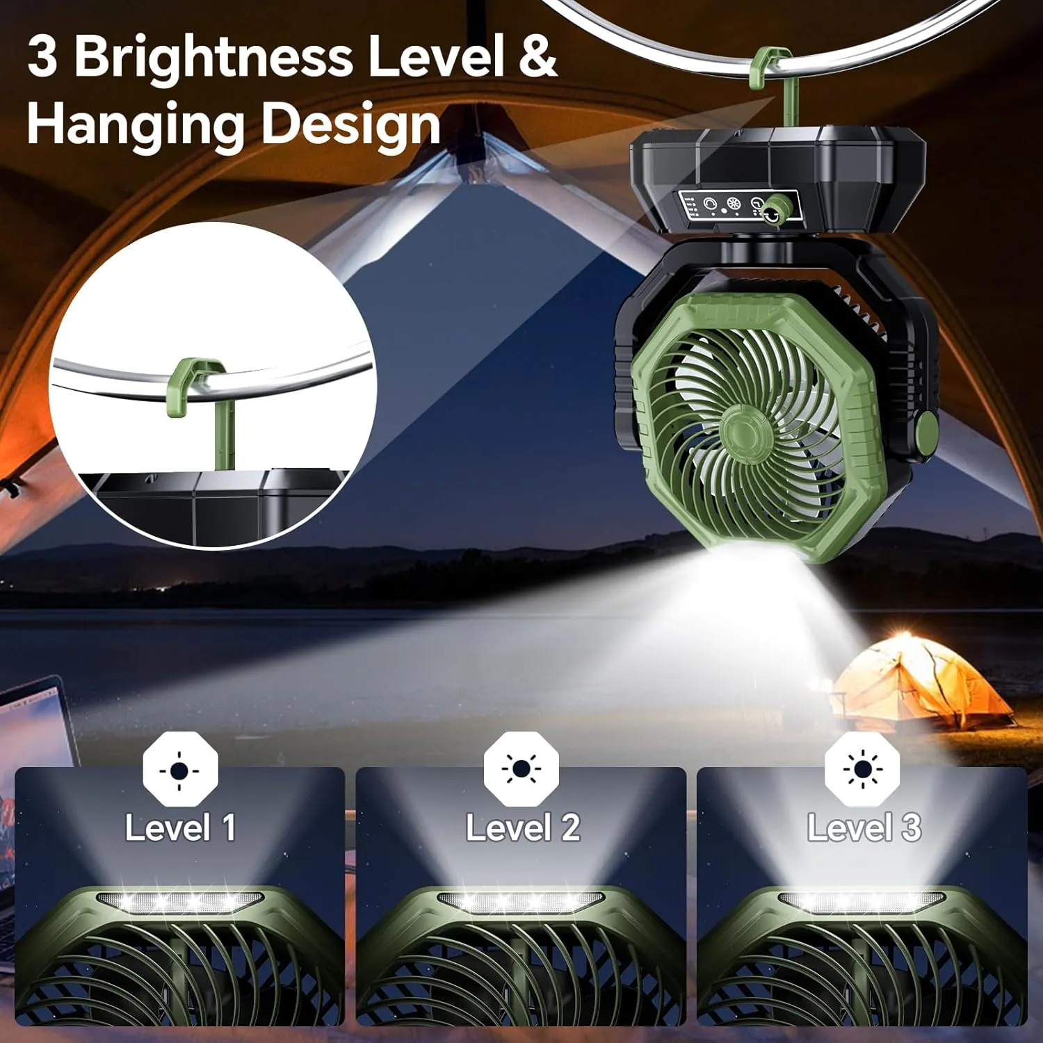 AJVV Camping Fan, 20000mAh Portable Rechargeable Battery Powered Fan with Stepless Wind Speed, Personal Desk USB with Light for Outdoor, Home, Tent, Fishing, Camping