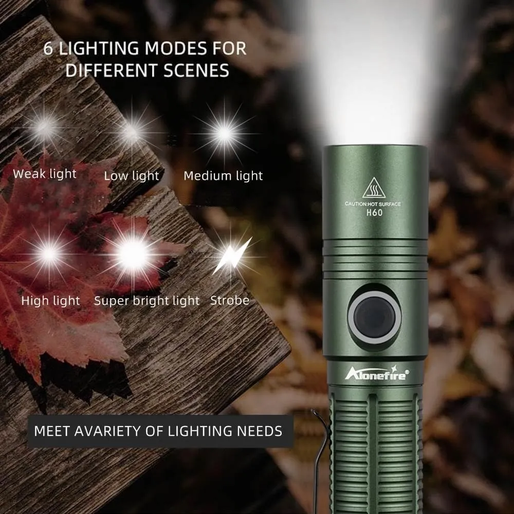 ALONEFIRE H60 LED Flashlight 1800 High Lumens Super Bright USB C Rechargeable 6 Adjustable Modes Waterproof Flash Light with Battery, Lanyard for Camping Emergency Hiking Home(Green)