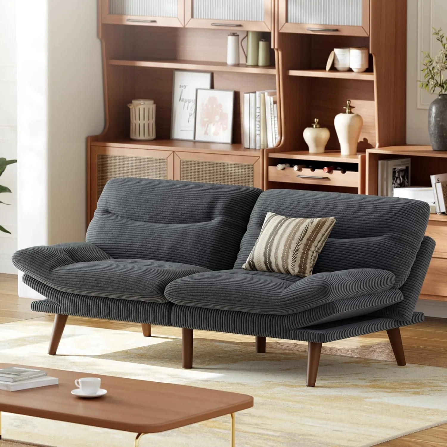 AMADA HOMEFURNISHING Convertible Futon Sofa Bed,Grey Futon with Adjustable Backrest & Armrests,Folding Sleeper Recliner for Small Spaces, Play Room Or Office, Corduroy Small Couch
