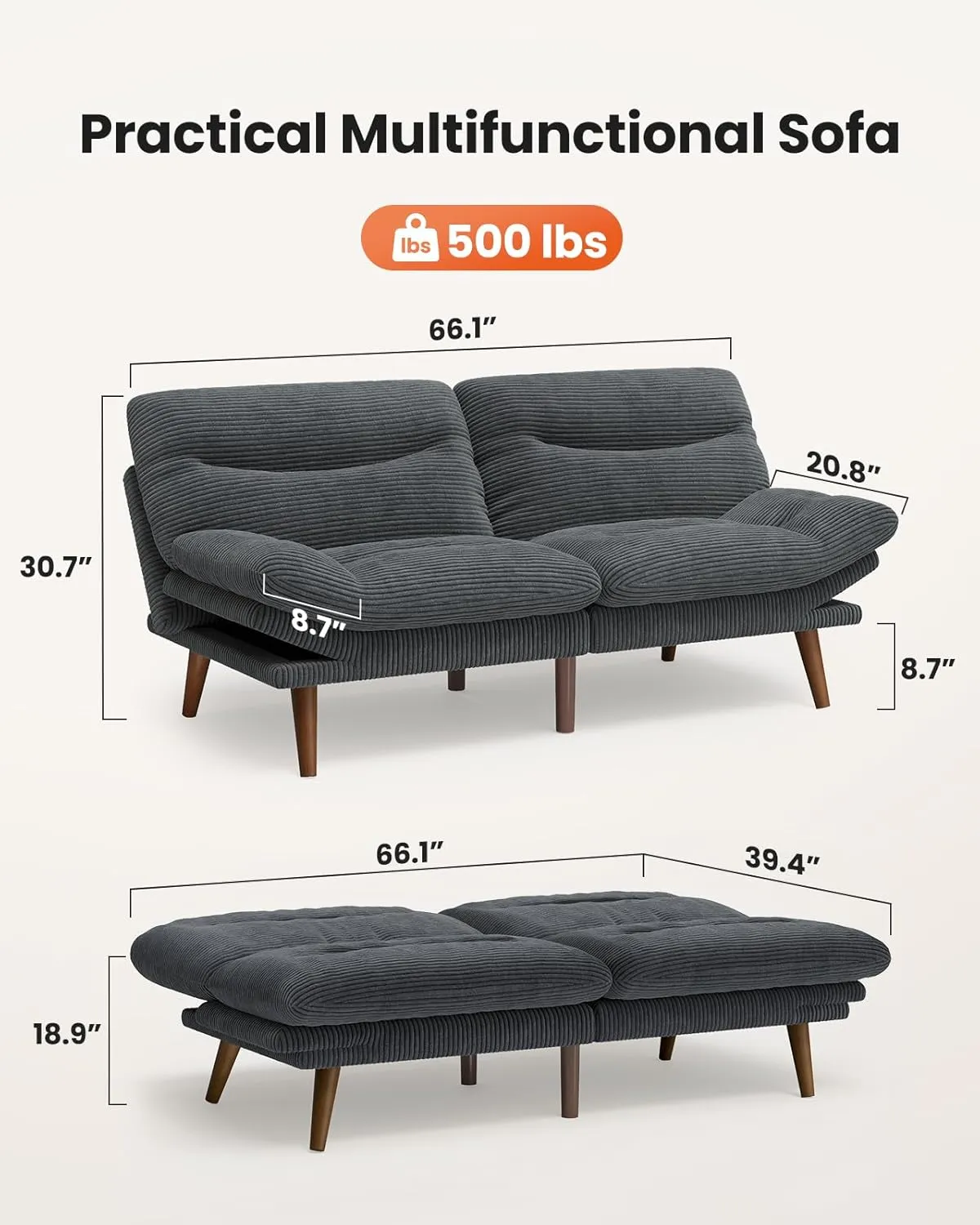 AMADA HOMEFURNISHING Convertible Futon Sofa Bed,Grey Futon with Adjustable Backrest & Armrests,Folding Sleeper Recliner for Small Spaces, Play Room Or Office, Corduroy Small Couch