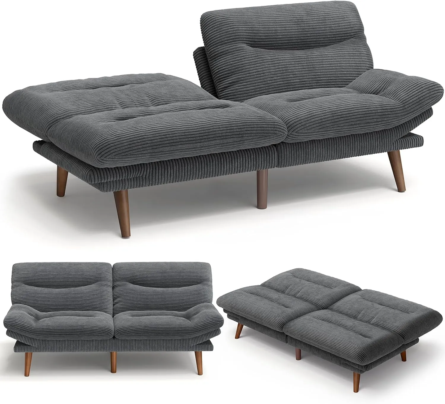 AMADA HOMEFURNISHING Convertible Futon Sofa Bed,Grey Futon with Adjustable Backrest & Armrests,Folding Sleeper Recliner for Small Spaces, Play Room Or Office, Corduroy Small Couch