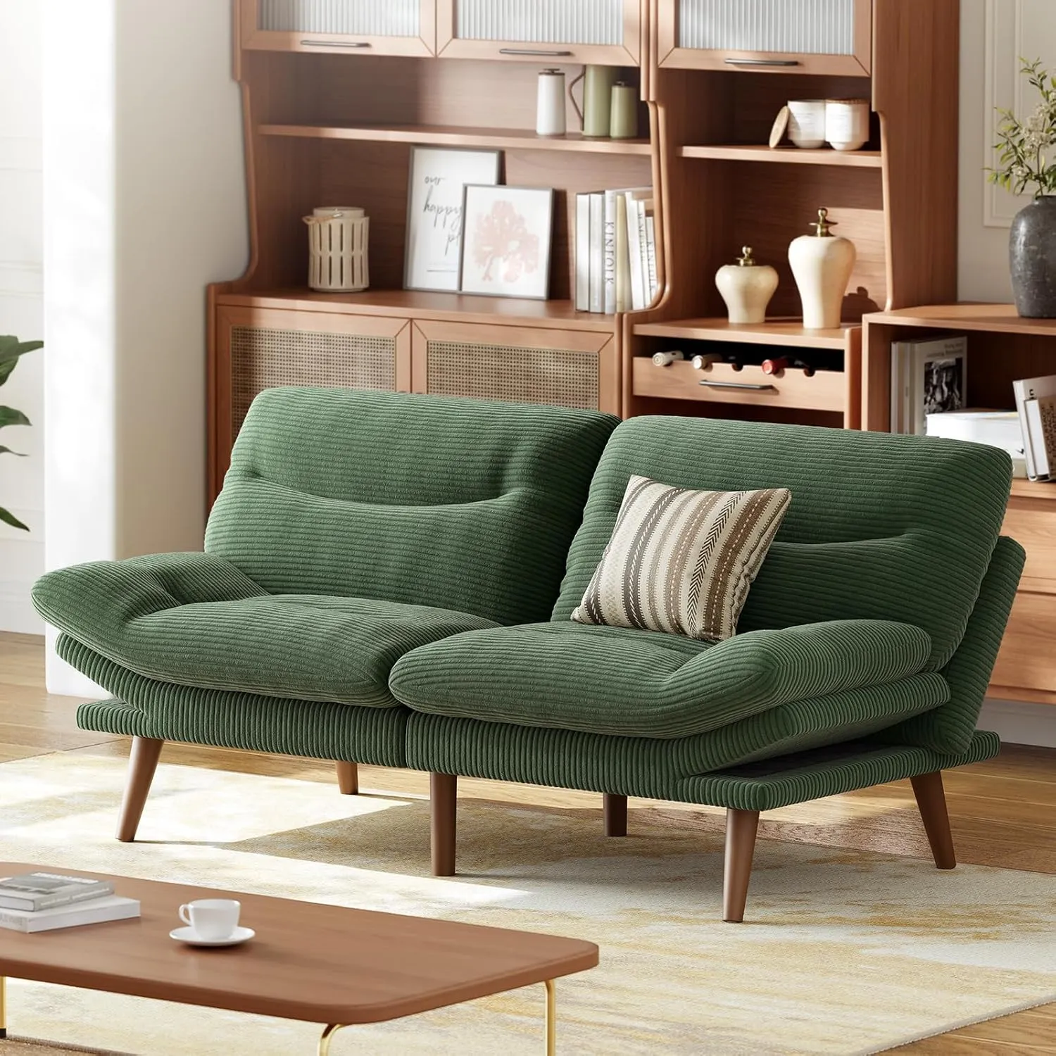 AMADA HOMEFURNISHING Futon Sofa Bed with Adjustable Backrest & Armrests, Convertible Futon Sofa Couch for Small Spaces, Living Room or Office, Corduroy Futon Sofa Bed (Green)