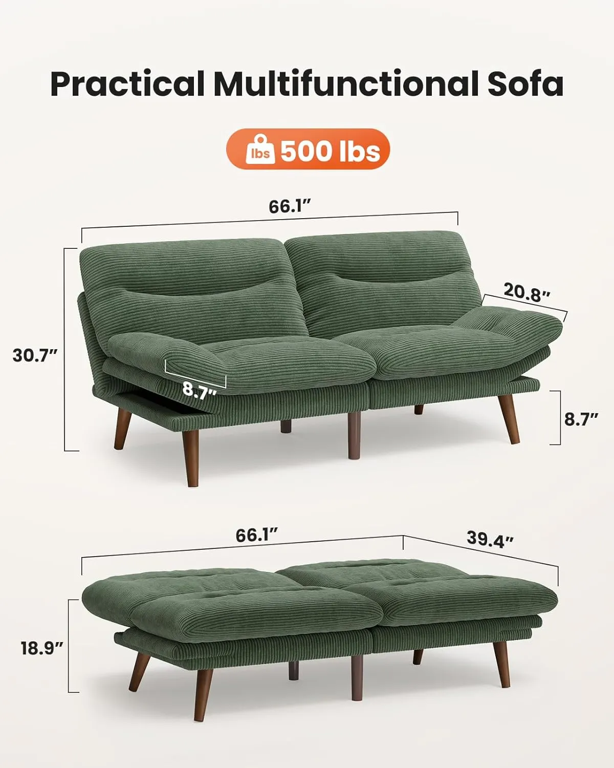 AMADA HOMEFURNISHING Futon Sofa Bed with Adjustable Backrest & Armrests, Convertible Futon Sofa Couch for Small Spaces, Living Room or Office, Corduroy Futon Sofa Bed (Green)
