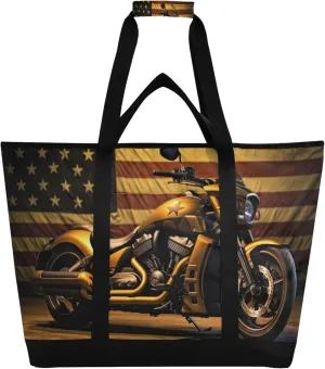 American Flag Motorcycle Reusable Insulated Cooler Bag with Ice Pack Compartment - Large 47L Waterproof Thermal Grocery Tote for Picnic Beach Camping Lunch Storage