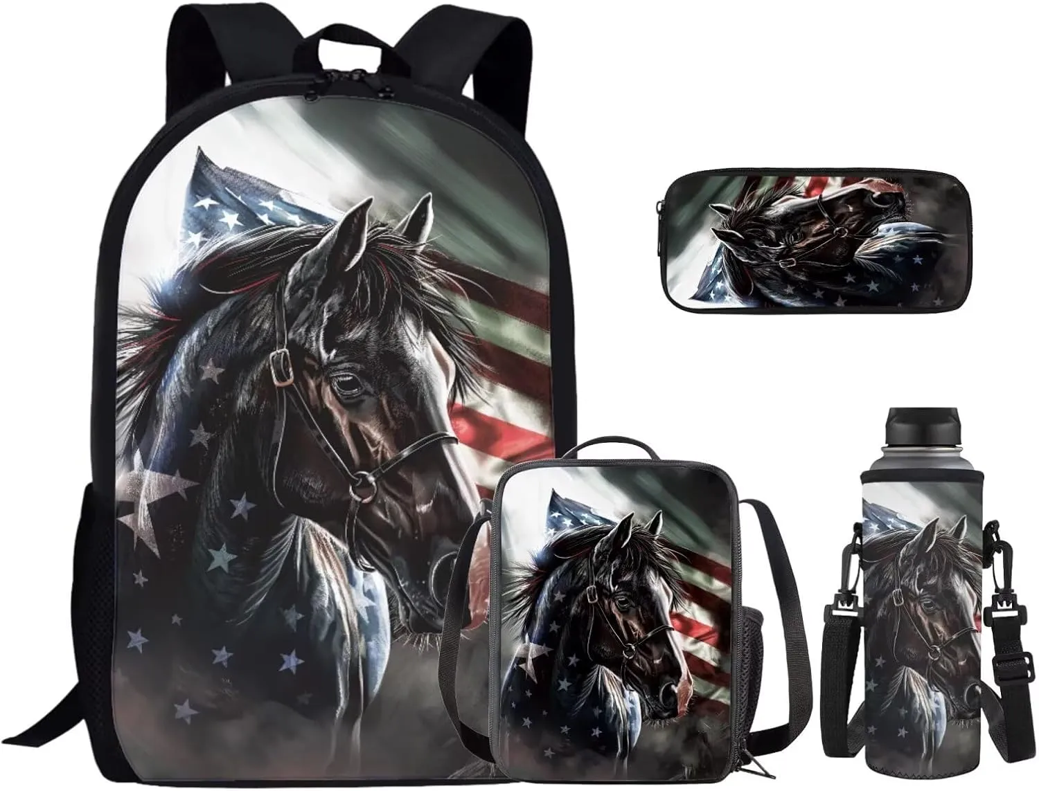 American Horse School Backpack for Teens Boys with Lunch Box Water Bottle Holder and Aesthetic Pencil Case Wear-Resistant Set Combinations Foster An Organized Lifestyle