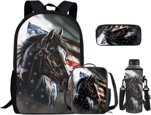 American Horse School Backpack for Teens Boys with Lunch Box Water Bottle Holder and Aesthetic Pencil Case Wear-Resistant Set Combinations Foster An Organized Lifestyle