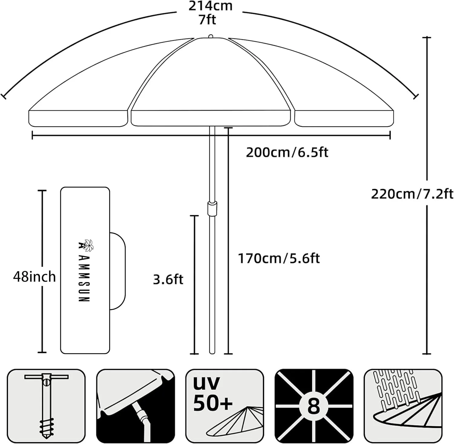 AMMSUN 7ft Heavy Duty High Wind Beach Umbrella Parasols with Sand Anchor Vent Tilt UV 50  Sun Protection Portable Outdoor Sunshade Umbrellas Carry Bag for Patio Garden Pool Backyard Blue