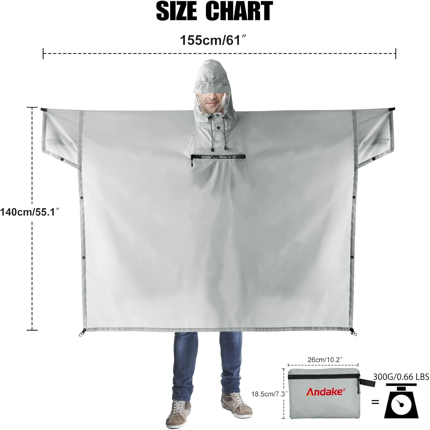 Andake Waterproof Rain Poncho for Adults Unisex,230T Ripstop Polyester,Raincoat Gear with Transparent Viewing Window Outdoors