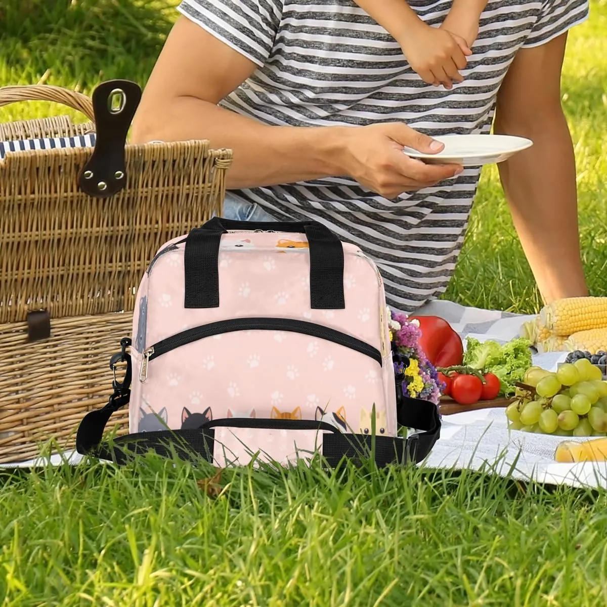Animal Cat Paw Print Insulated Lunch Bag for Women/Men Kids Lunch Box with Adjustable & Removable Shoulder Strap Cooler Bag for Boys Girls Reusable Tote Lunch Box for Work Picnic Office