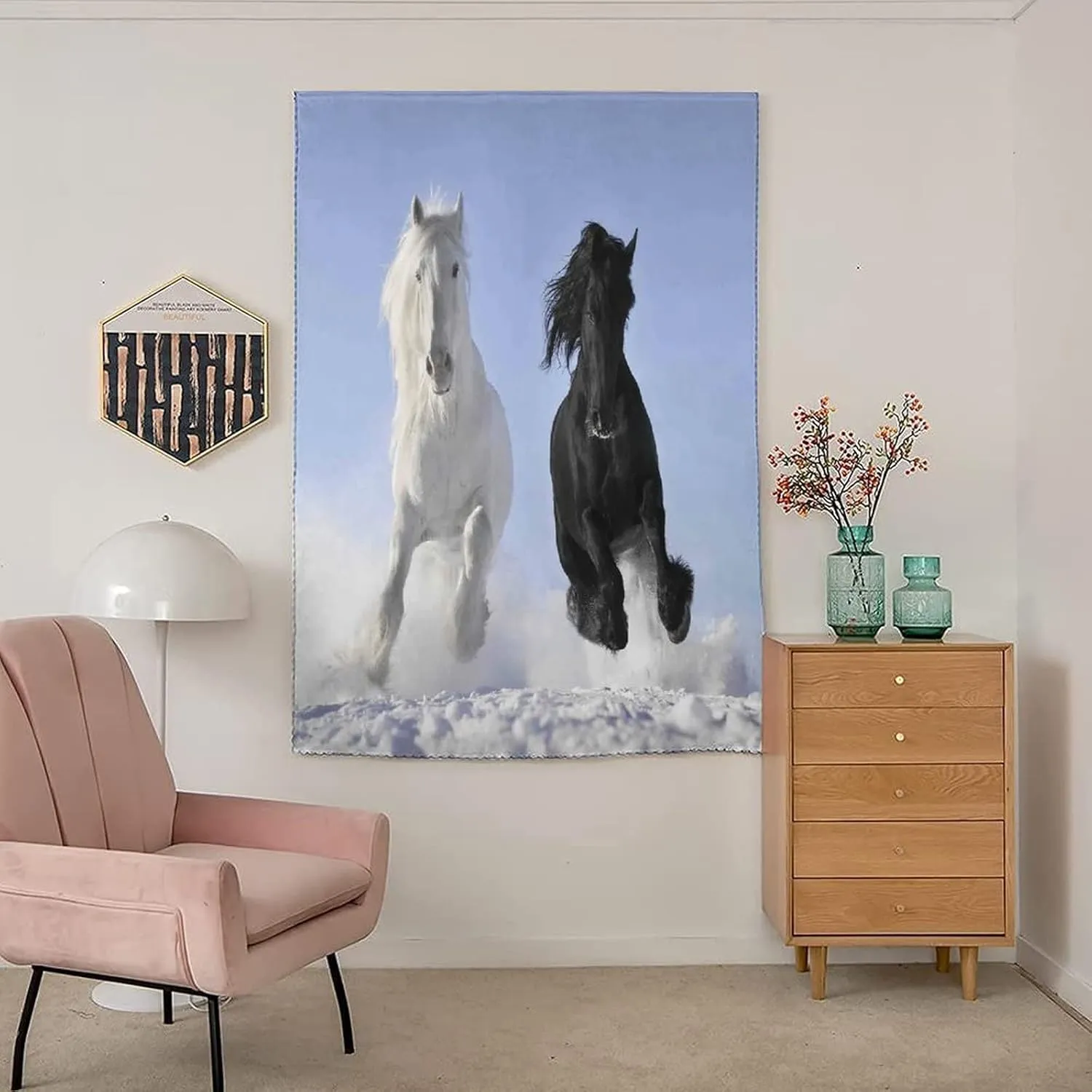 Anywhere Portable Blackout Curtain, Horses Door Window Curtains, Competing Racing Black and White Horses on Snow Print Bedroom Blackout Curtains,59W x84L Inch, for Kitchen Bathroom Living Room