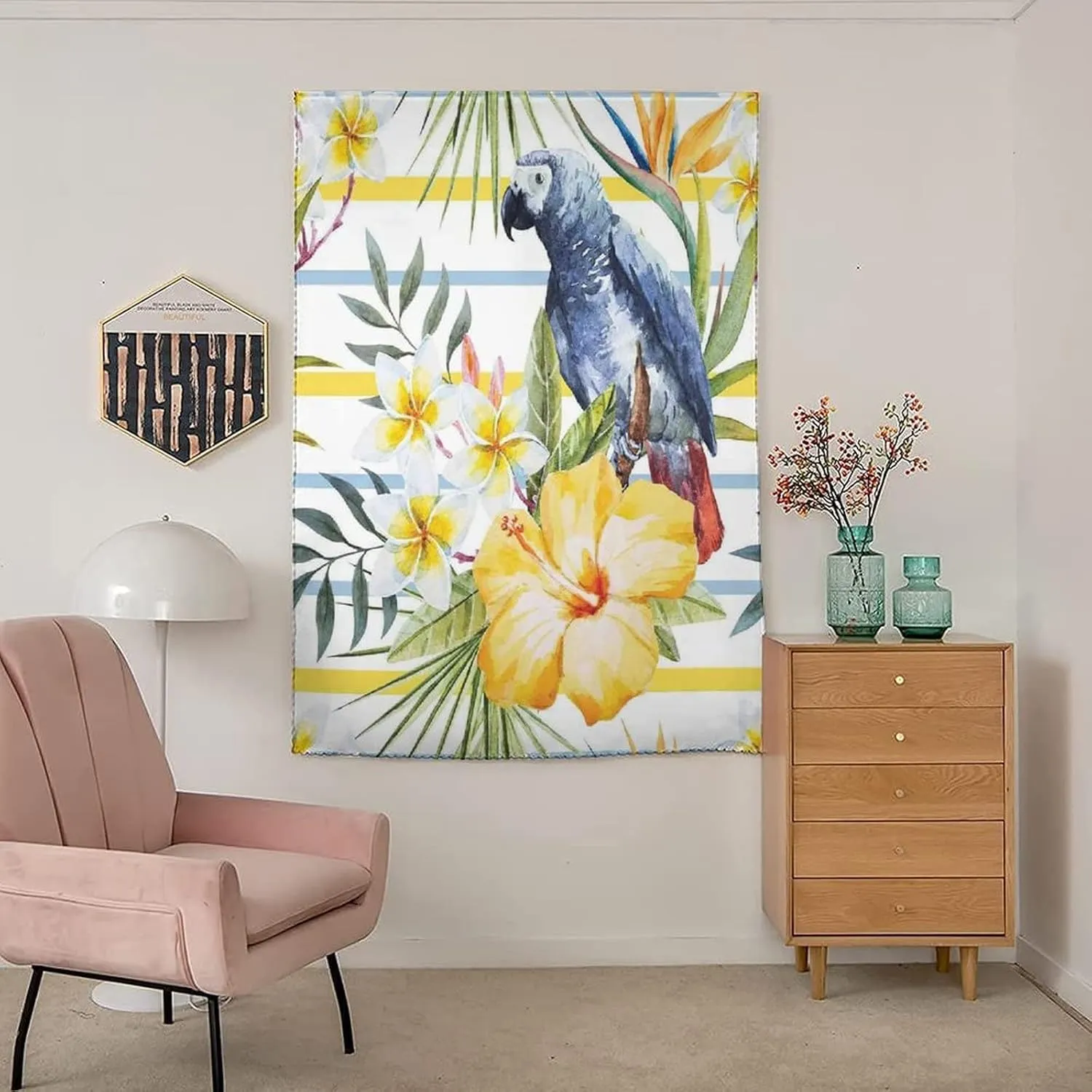 Anywhere Portable Blackout Curtain, Parrots Door Window Curtains, Tropical Exotic Parrot Orchids and Hibiscus Flowers Hawaiian Jungle Print Bedroom Blackout Curtains,47W x63L Inches,, for Bathroom