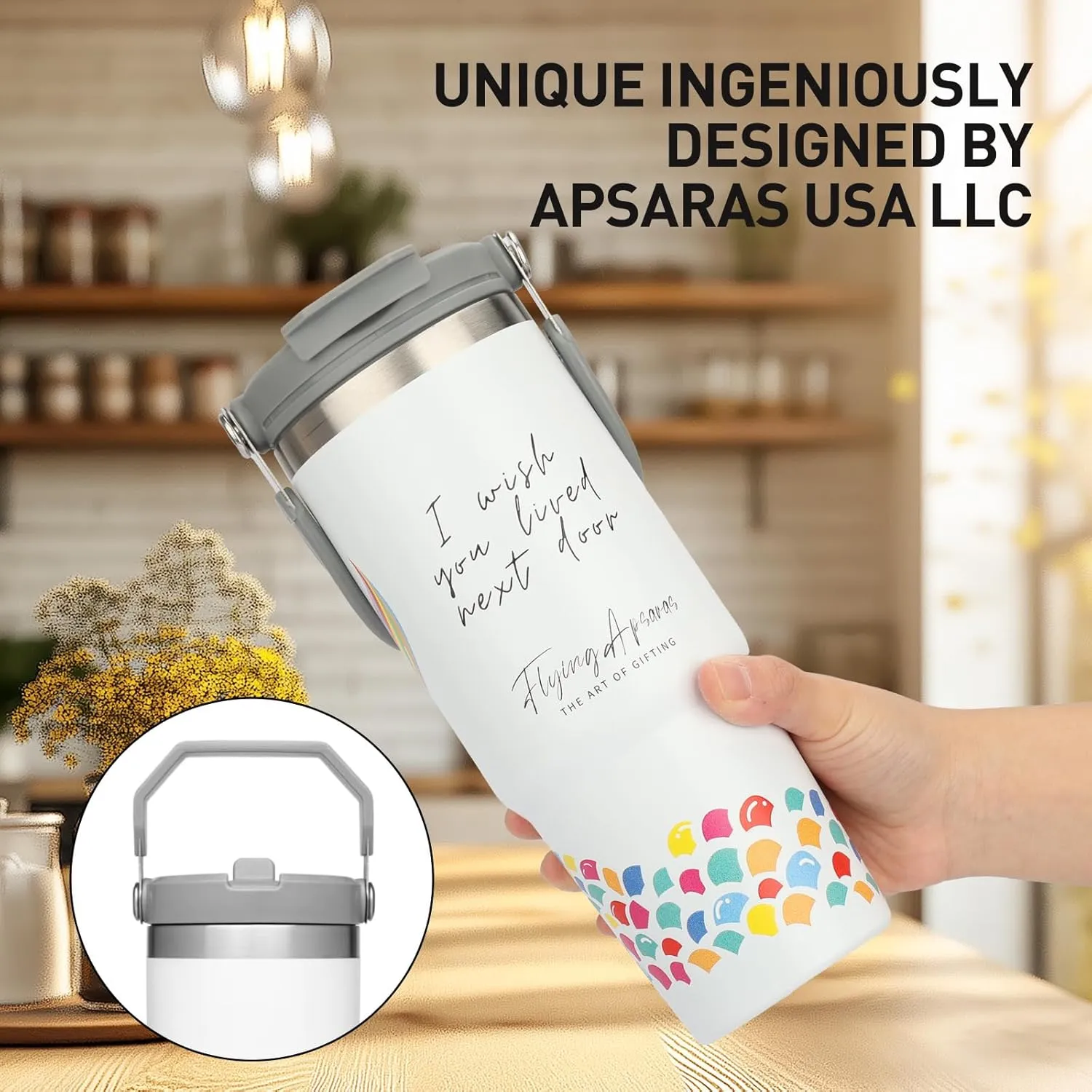 APSARAS 30 oz Stainless Steel Tumbler with Lid and Straw,Vacuum Insulated Bottle with Flip Straw and Top Handle, Reusable Insulated Water Bottle for Home, Office, Leak proof, Reusable Cup