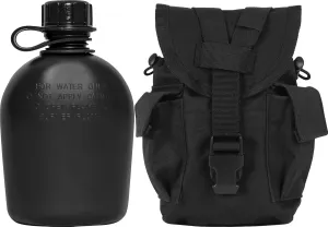 Army Universe Black Genuine GI 1 Quart Plastic Canteen & Black MOLLE II Canteen Cover & Utility Pouch