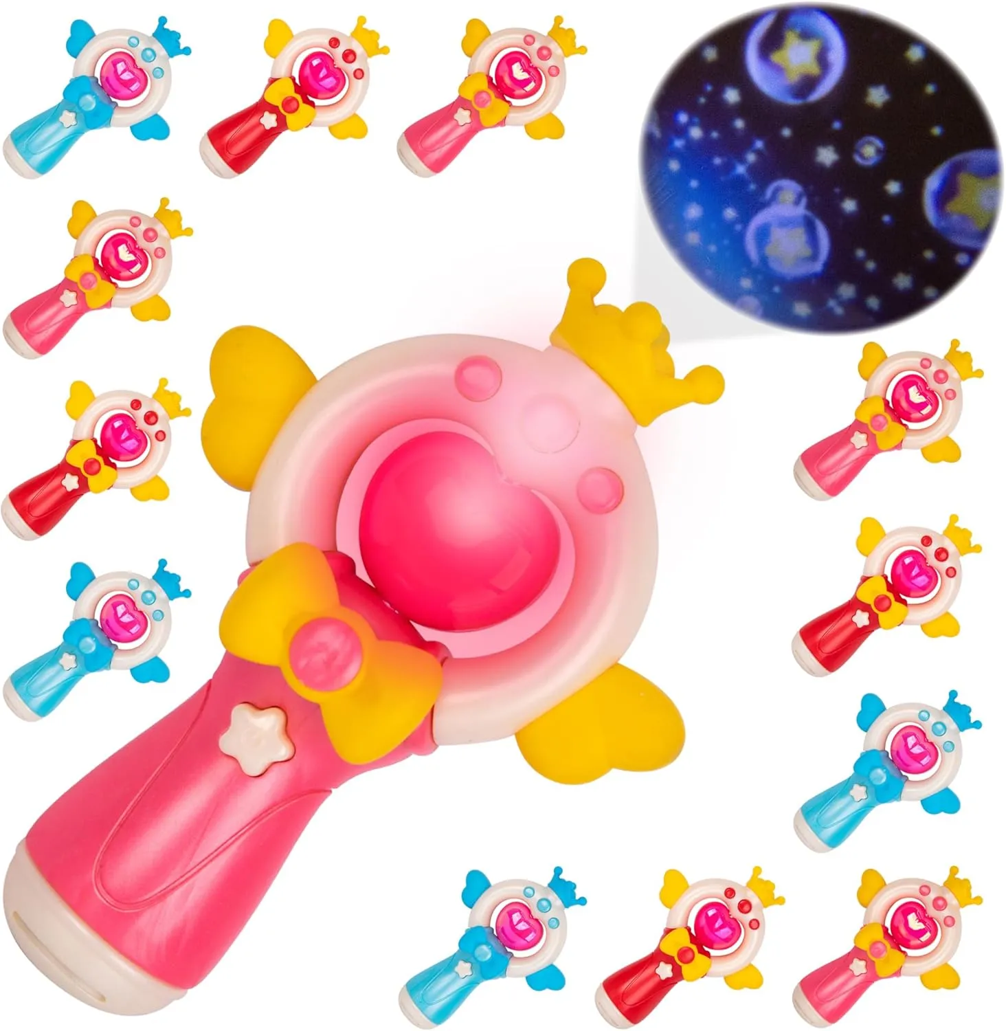 ArtCreativity Light Up Projection Wands for Kids - Set of 12 Wand-Style Flashlight Projectors - LED Princess Wands with Lights, Music, and a Starry Projection - Princess Party Favors for Girls