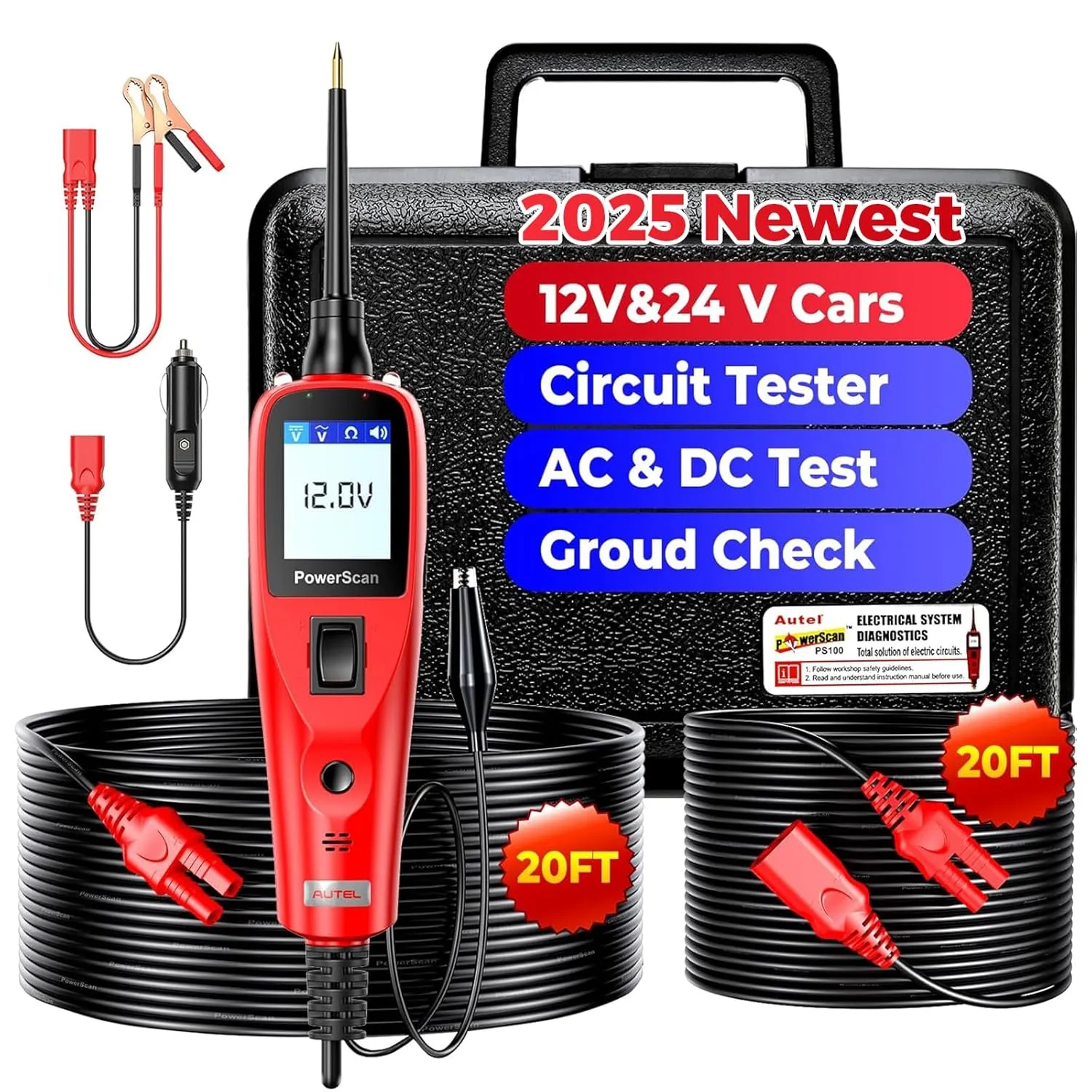 Autel PowerScan Circuit Tester 2025, 12V 24V Automotive Power Circuit Probe Kit, Read AC DC Voltage Resistance PS100, for Frequency/Duty Cycle/Voltage Test, Activating Component, w/ 20ft Cable