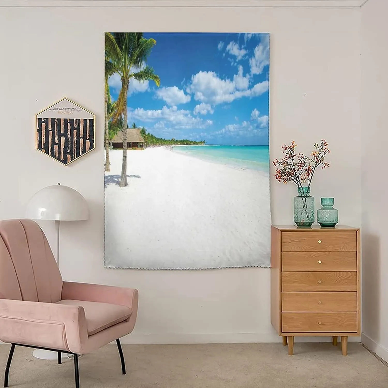 Autohesion Curtains, Beach Window Curtain Panel, Tropical Exotic Seashore with Palm Trees Clear Sky Island Summer Print Thermal Lnsulated Room Darkening Small Drapes,47W x54L Inches, for Bathroom