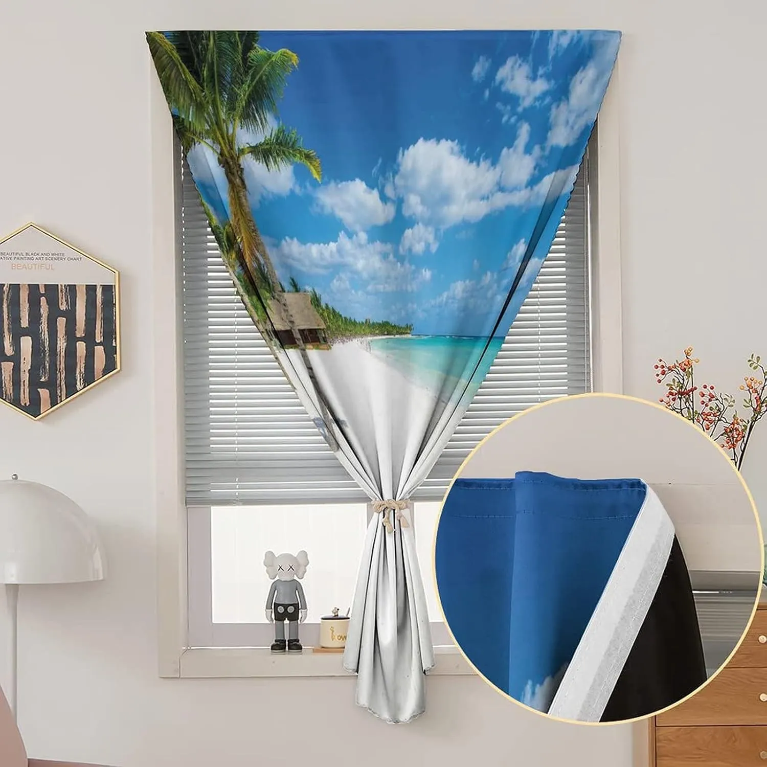 Autohesion Curtains, Beach Window Curtain Panel, Tropical Exotic Seashore with Palm Trees Clear Sky Island Summer Print Thermal Lnsulated Room Darkening Small Drapes,47W x54L Inches, for Bathroom