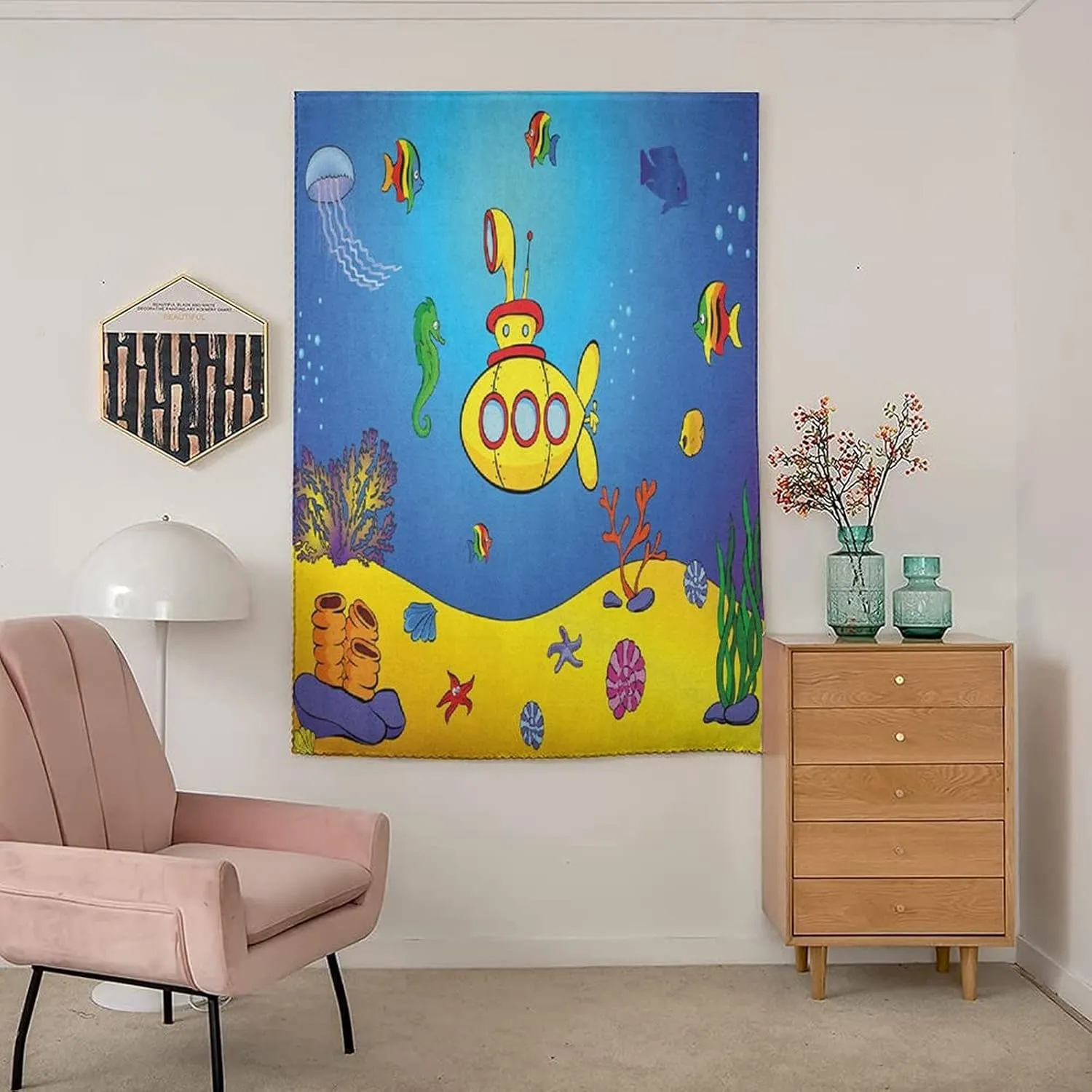 Autohesion Curtains, Yellow Submarine Window Curtain Panel, Nautical Kids Colorful Fish Underwater Print Thermal Lnsulated Room Darkening Small Drapes,47W x54L Inches,for Bathroom Living Room Bedroom