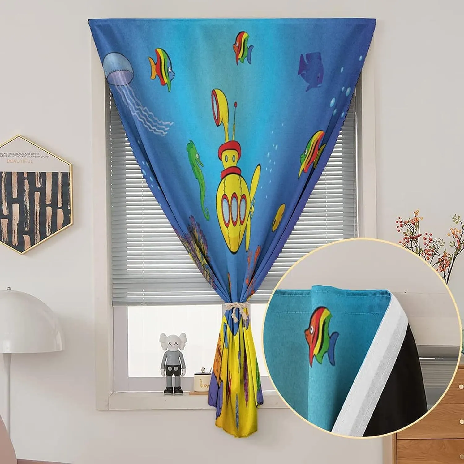 Autohesion Curtains, Yellow Submarine Window Curtain Panel, Nautical Kids Colorful Fish Underwater Print Thermal Lnsulated Room Darkening Small Drapes,47W x54L Inches,for Bathroom Living Room Bedroom