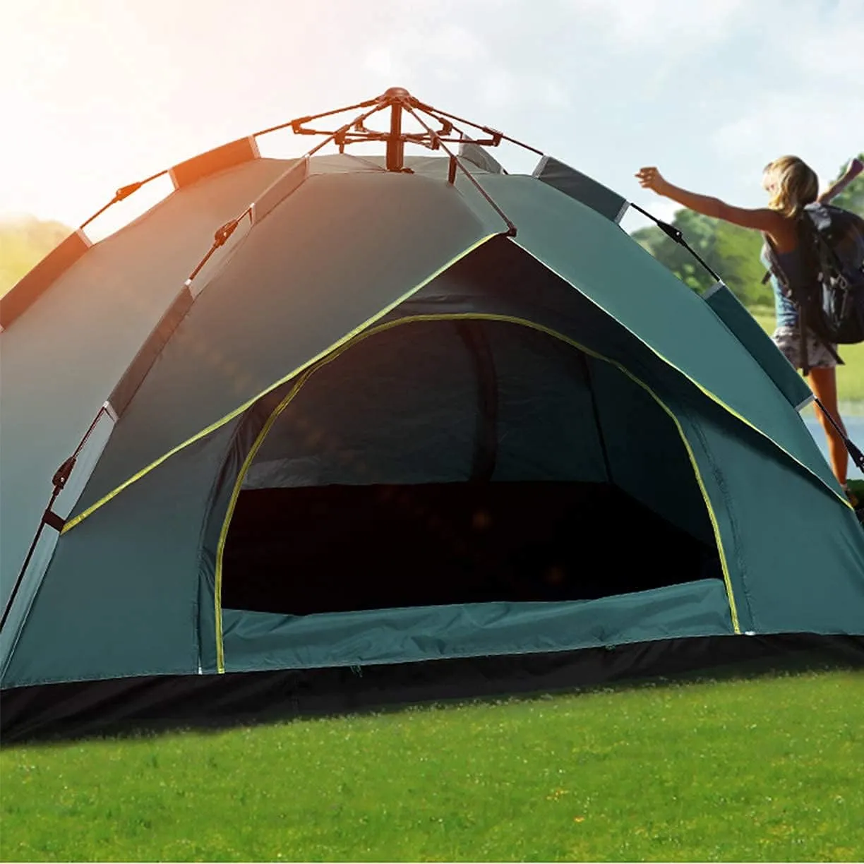 Automatic Pop Up Tent Family Camping Tent 2-3-4 Person Portable Tent Spring Type Fast Open Waterproof Windproof for Camping Hiking Mountaineering (Blue Width 1.5m) (Blue Width 2m)