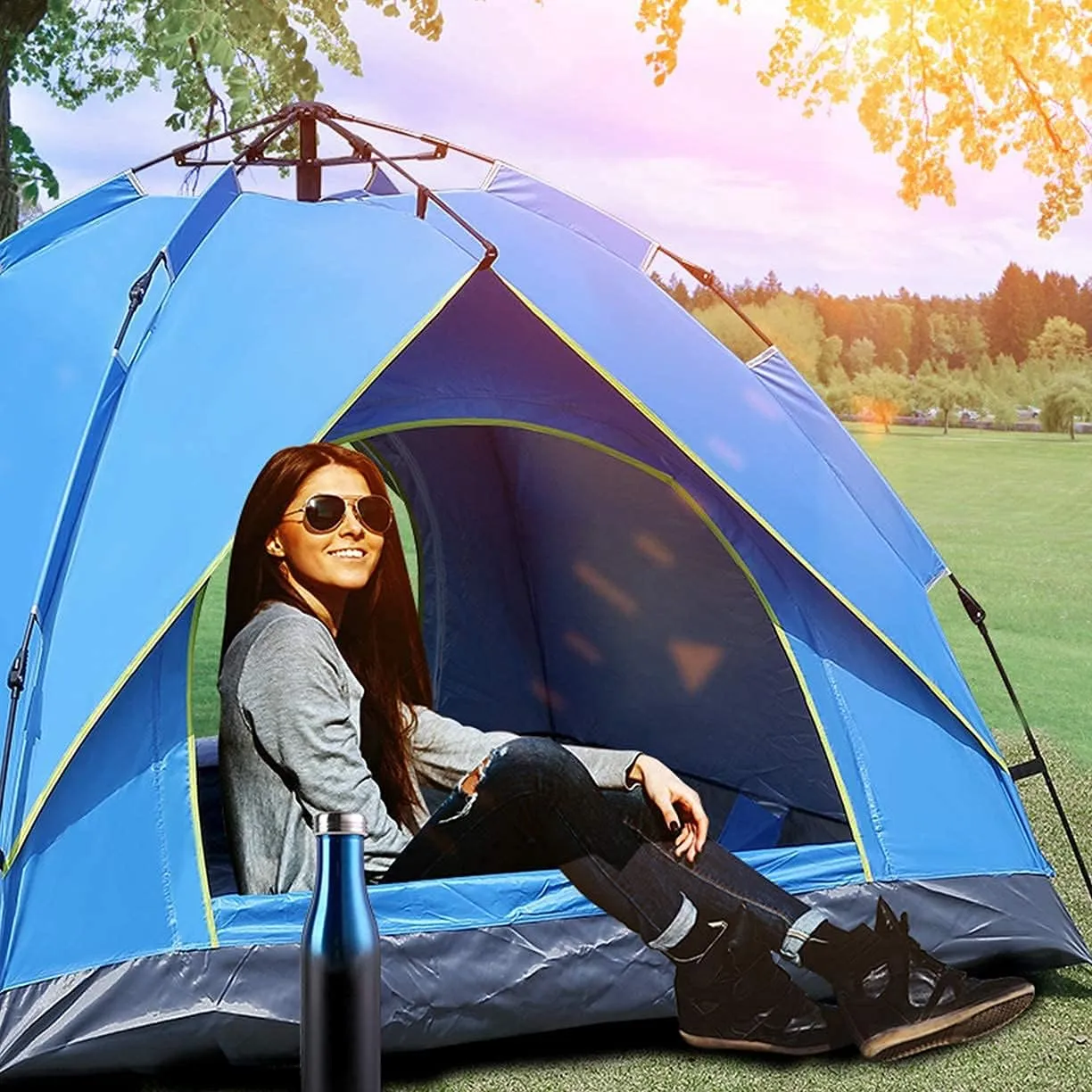Automatic Pop Up Tent Family Camping Tent 2-3-4 Person Portable Tent Spring Type Fast Open Waterproof Windproof for Camping Hiking Mountaineering (Blue Width 1.5m) (Blue Width 2m)