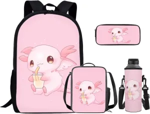 Axolotl Pink Bookbags for 5Th Grade Girls Backpack and Lunch Bag Set for Girls with Pencil Case Water Bottle Sleeve 4Pcs Set Bookbag for Students Going To School