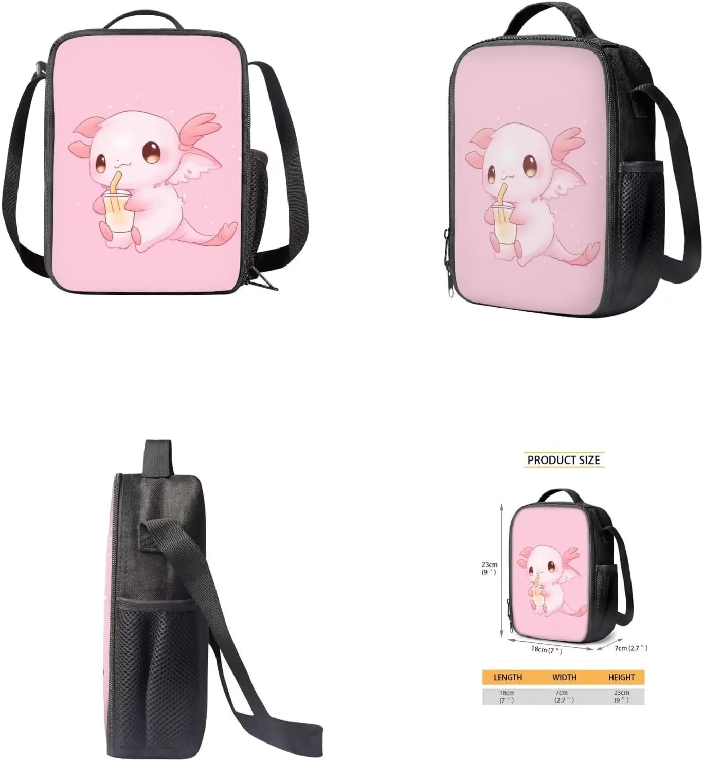 Axolotl Pink Bookbags for 5Th Grade Girls Backpack and Lunch Bag Set for Girls with Pencil Case Water Bottle Sleeve 4Pcs Set Bookbag for Students Going To School