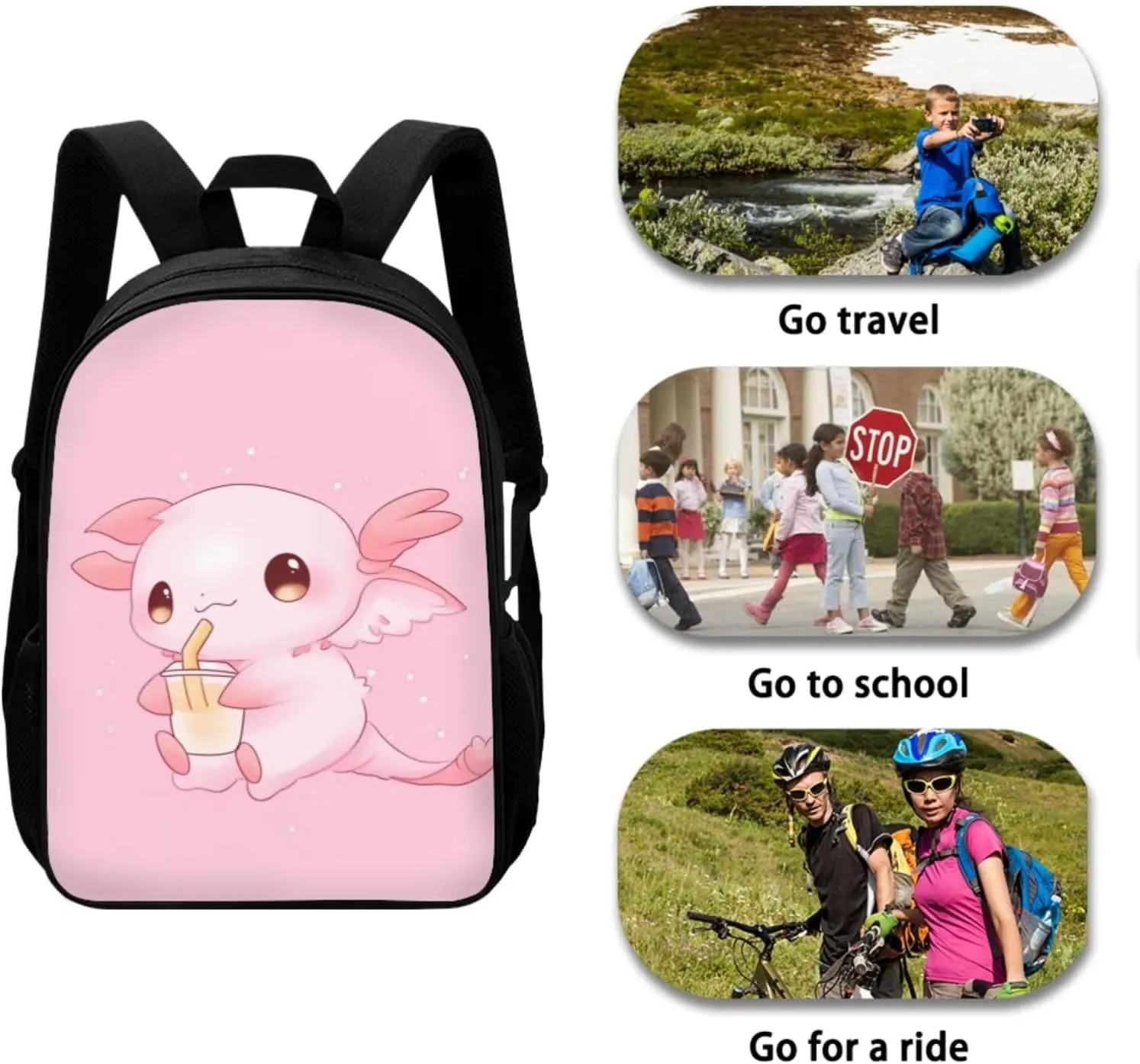 Axolotl Pink Bookbags for 5Th Grade Girls Backpack and Lunch Bag Set for Girls with Pencil Case Water Bottle Sleeve 4Pcs Set Bookbag for Students Going To School