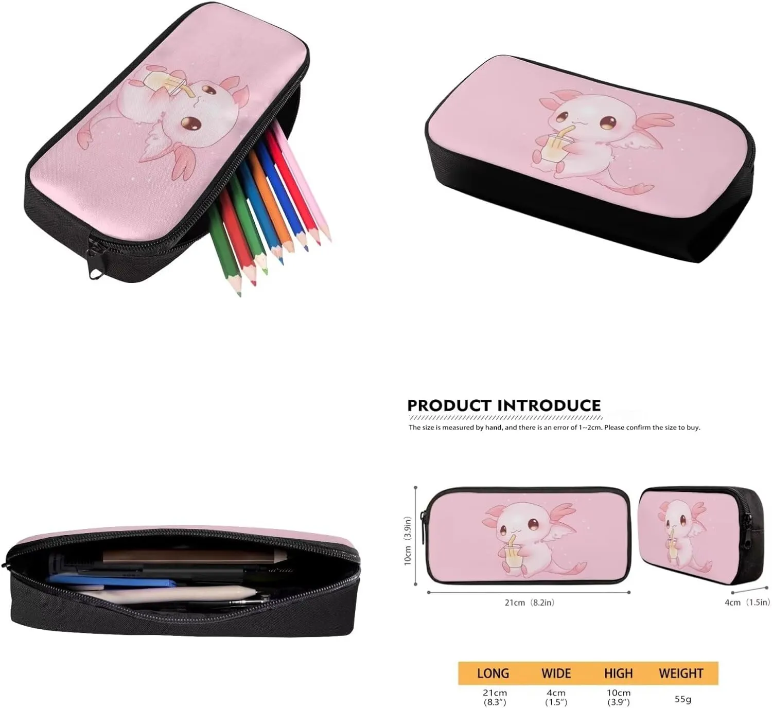 Axolotl Pink Bookbags for 5Th Grade Girls Backpack and Lunch Bag Set for Girls with Pencil Case Water Bottle Sleeve 4Pcs Set Bookbag for Students Going To School
