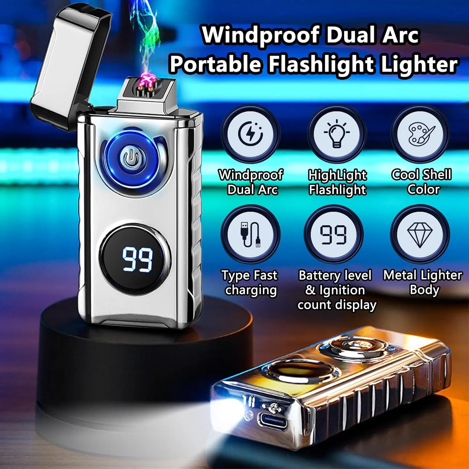 BABOBIU Electric Lighters USB C Rechargeable Plasma Lighter with LED Flashlight Windproof for Fireworks Candles Incense Sticks Camping Hiking Outdoor Activities Cool Lighters (Silver)