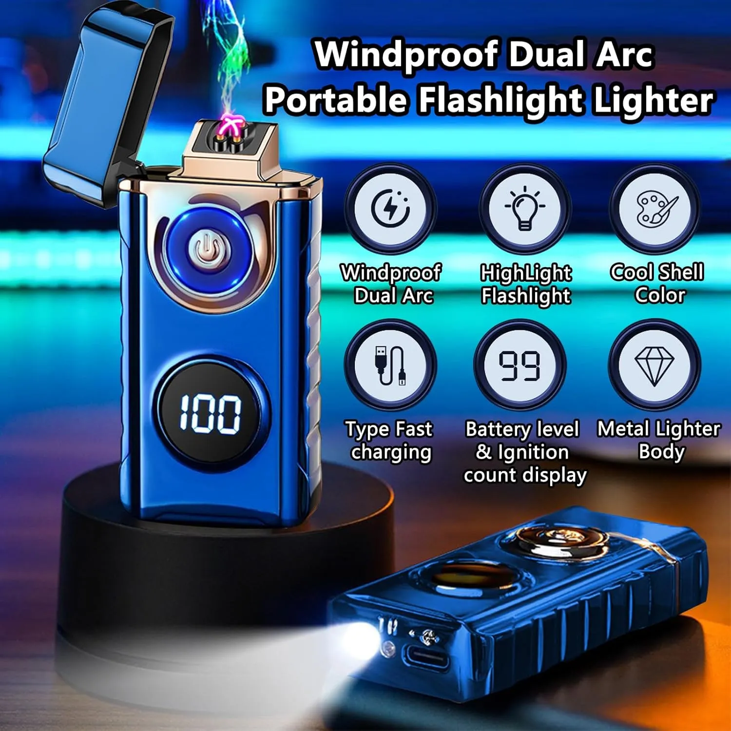 BABOBIU Rechargeable Electric Lighter USB C Plasma Lighters with Built-in LED Flashlight Windproof for Fire BBQ Candles Camping Outdoor Men Boyfriend Cool Gadgets (Blue)