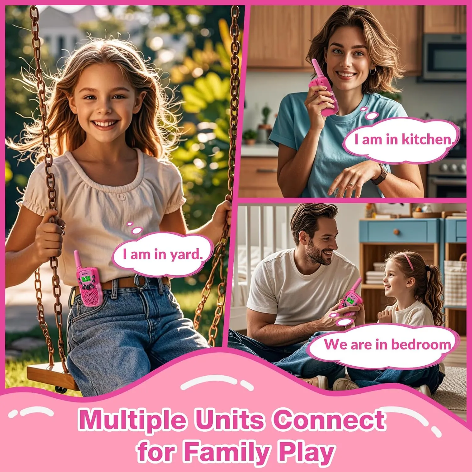 BATURU Kids Walkie Talkies, 2-Pack Pink Gift for Girls Age 4-8, Long Range, Easy-to-Use Toys for Birthday, Outdoor Play, Camping, Pretend Adventure