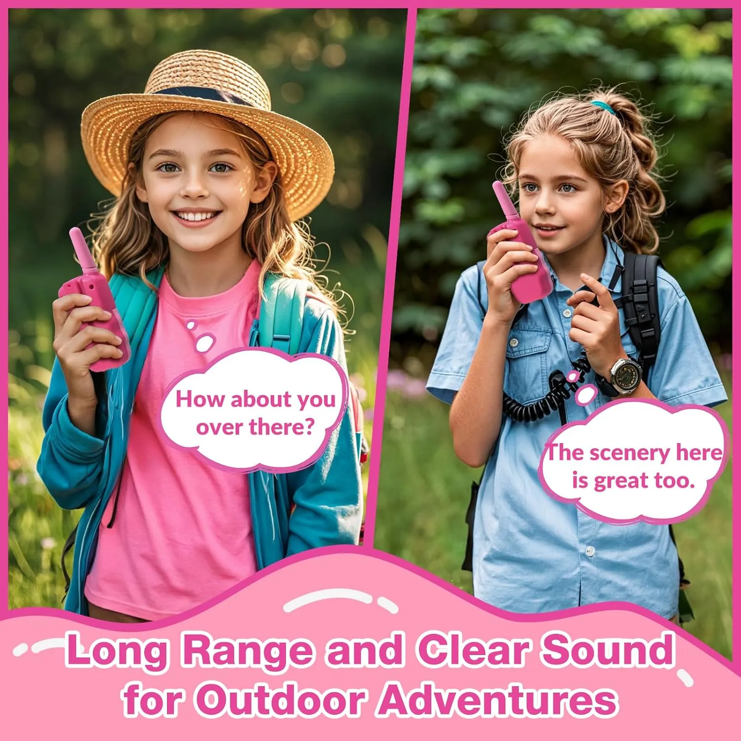 BATURU Kids Walkie Talkies, 2-Pack Pink Gift for Girls Age 4-8, Long Range, Easy-to-Use Toys for Birthday, Outdoor Play, Camping, Pretend Adventure