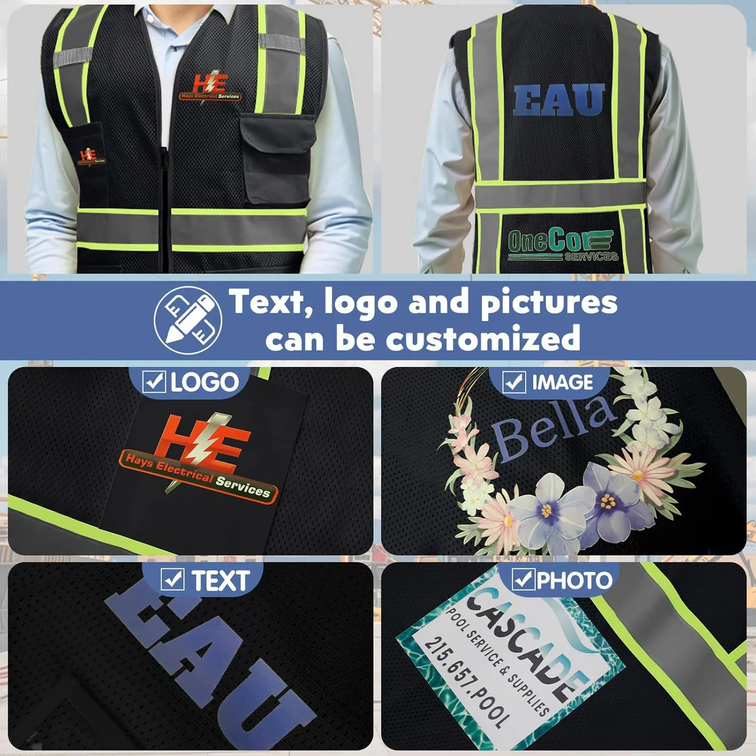 BeautyWill Custom Safety Vest Customized Logo Class 2 High Visibility Reflective Vest with Pockets Construction workwear