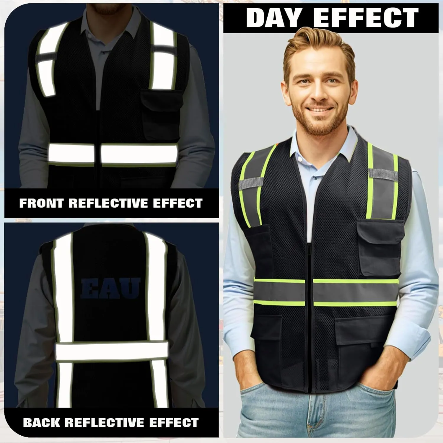 BeautyWill Custom Safety Vest Customized Logo Class 2 High Visibility Reflective Vest with Pockets Construction workwear