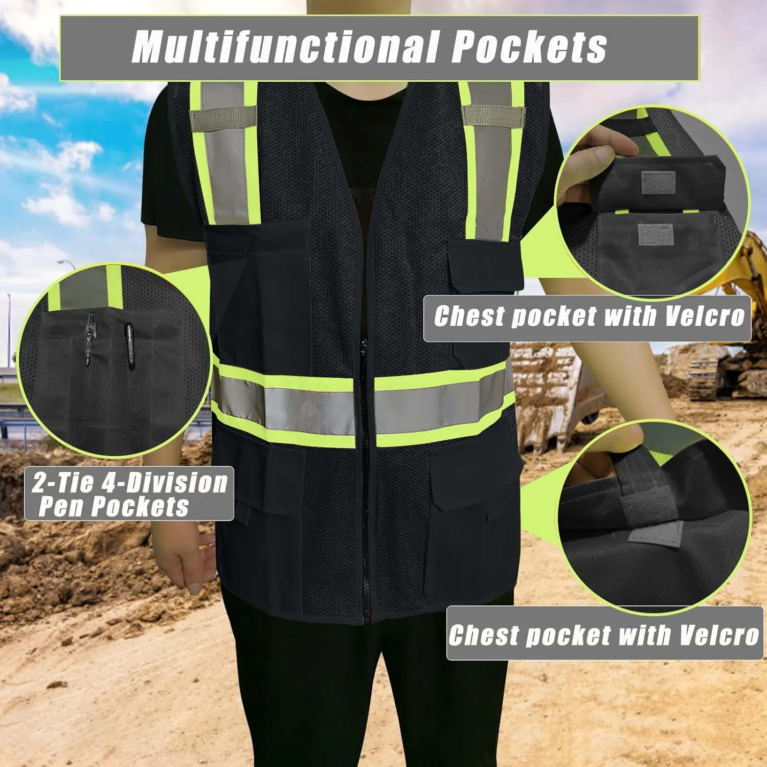 BeautyWill Custom Safety Vest Customized Logo Class 2 High Visibility Reflective Vest with Pockets Construction workwear