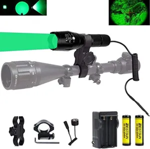 BESTSUN Green Light 350 Yards Predator Light Zoomable Tactical Hunting Green Led Flashlight Coyote Varmint Hunt Torch with Pressure Switch, Rail & Scope Mounts, Batteries and Charger