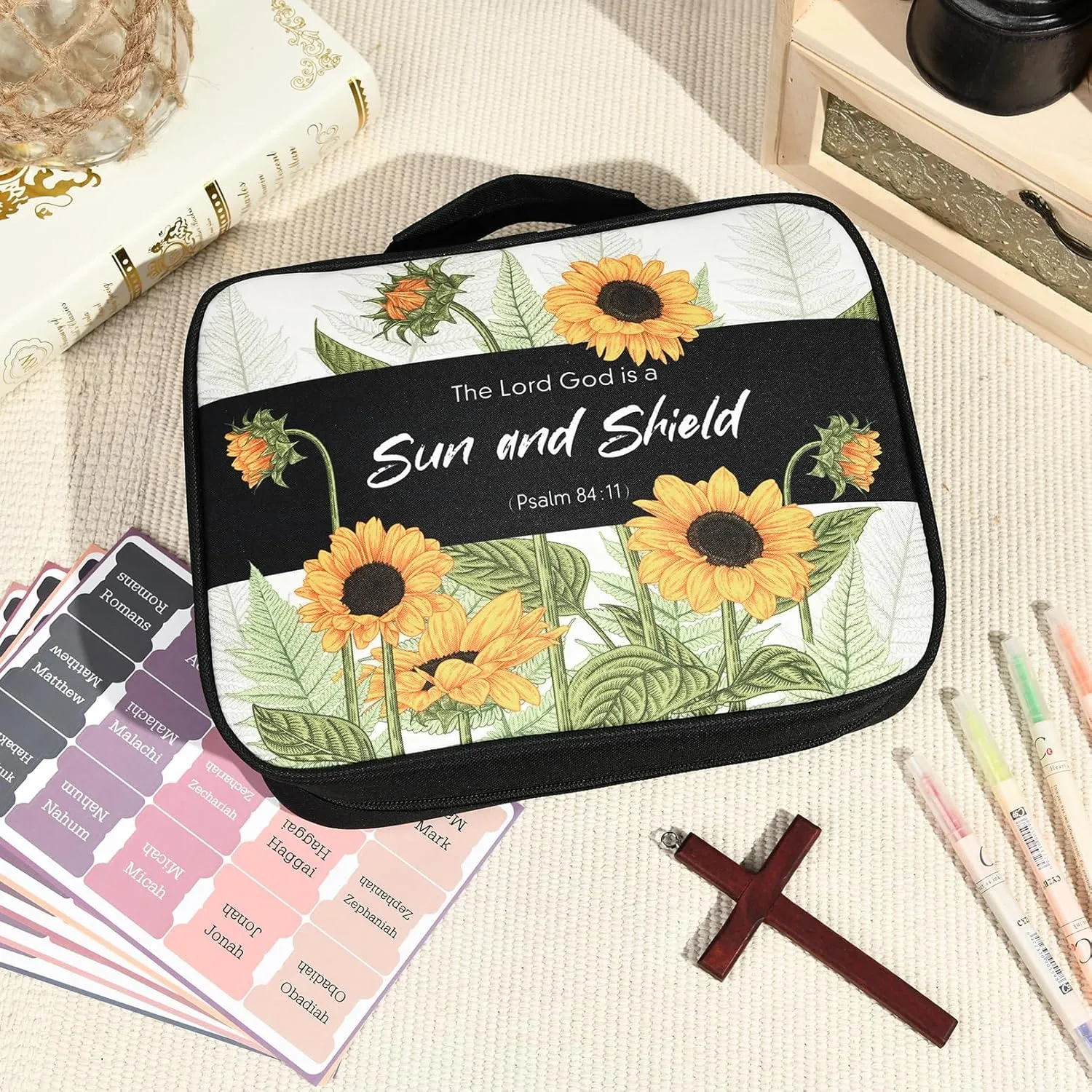 Bible Cover Case for Women, Bible Bag Carrying Case Holder with Bookmark Notation Stickers Bible Study Supplies, Ideal Christian Gifts for Women, Sunflower