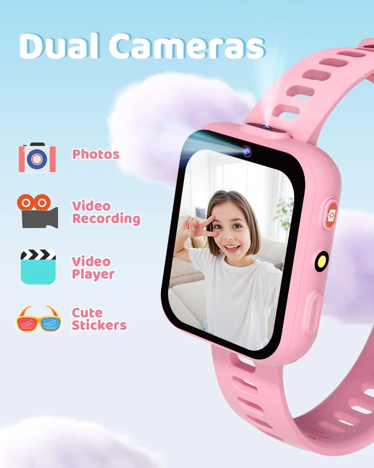 BIGGERFIVE Smart Watch for Kids with Dual Cameras, 30 Puzzle Games, Video & Music Player, Audiobooks, Flashlight, Pedometer, Calculator, Educational Toys Birthday Gifts for Boys Girls Ages 4-10 Pink