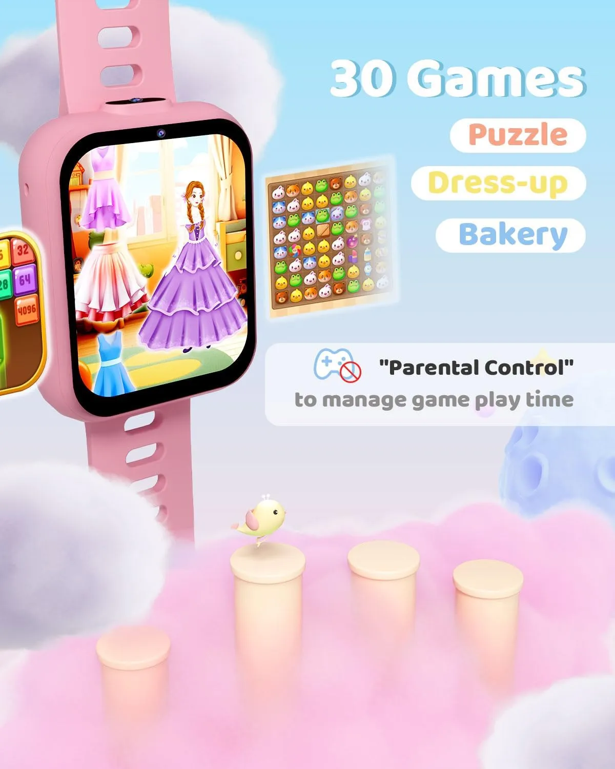 BIGGERFIVE Smart Watch for Kids with Dual Cameras, 30 Puzzle Games, Video & Music Player, Audiobooks, Flashlight, Pedometer, Calculator, Educational Toys Birthday Gifts for Boys Girls Ages 4-10 Pink