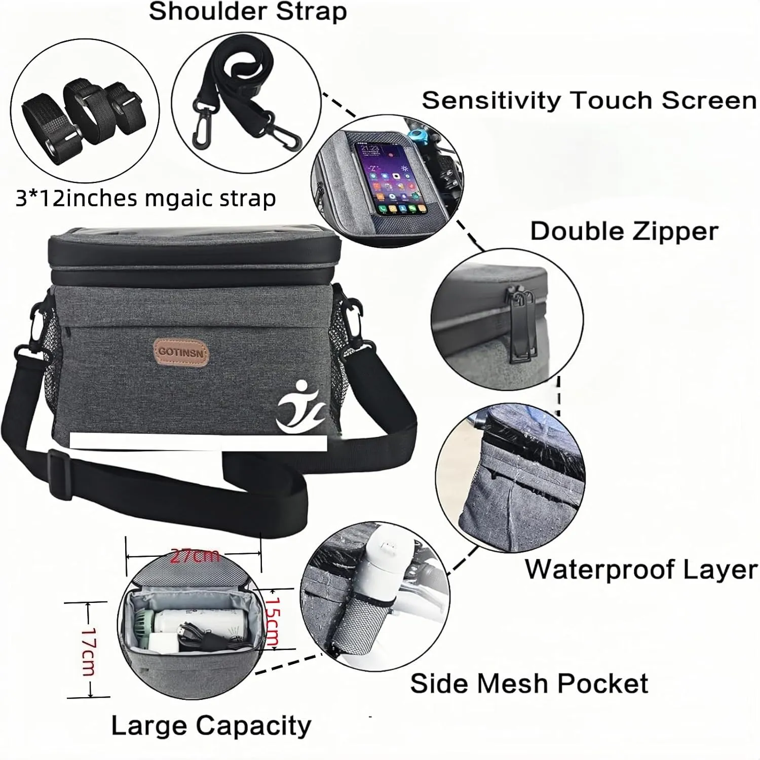 Bike Basket front Bag, Bicycle Insulated Handlebar Bag with Touch Screen Phone Holder Frame Tube Bag 5L Storage Bag Keep Cooling with Mesh Pockets for Riding Picnic Camping