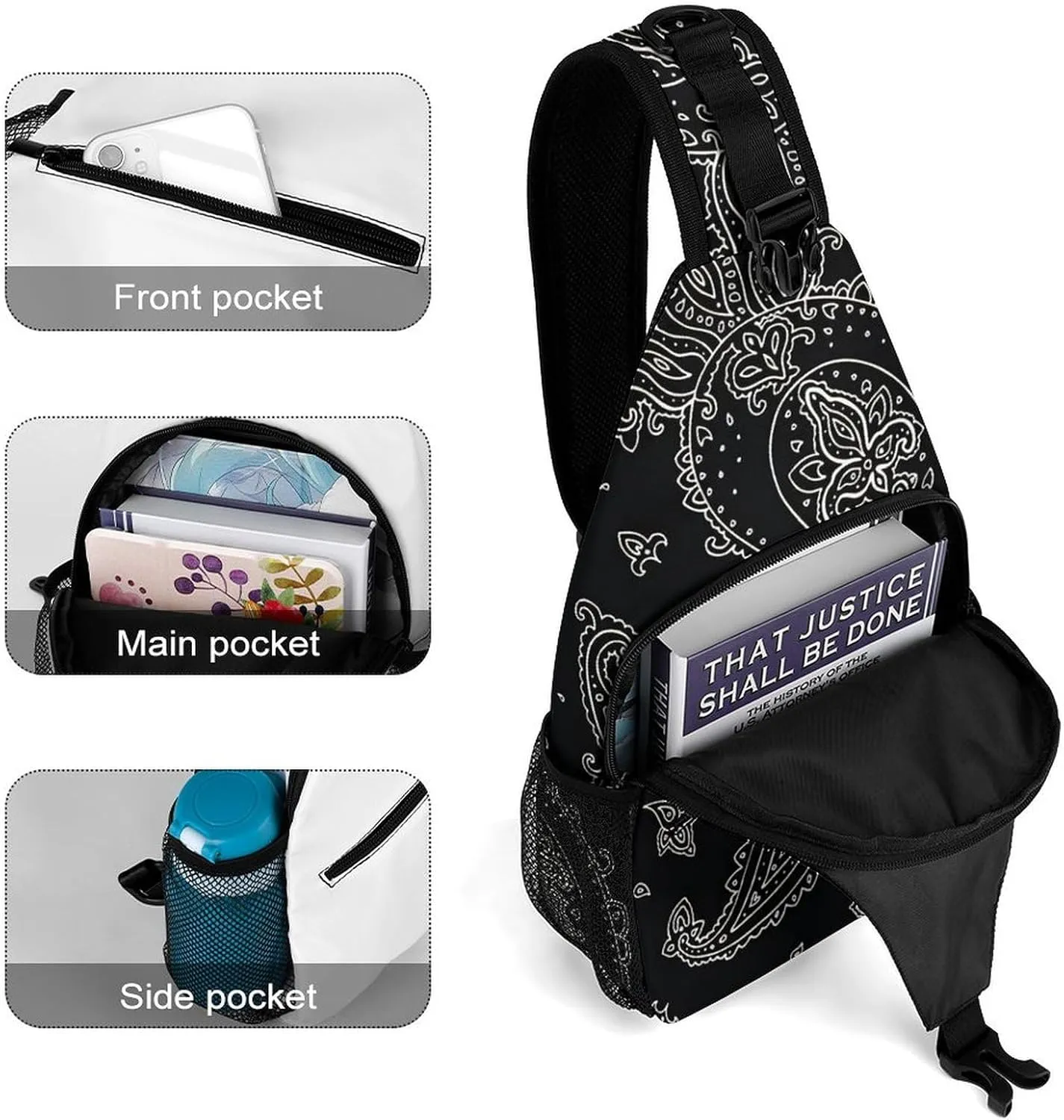 Black Paisley Pattern A Spacious And Large Capacity Portable Adjustable Chest Bag