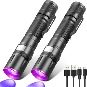 Blacklight Flashlight, 2 Pack UV Flashlight Rechargeable, Small Pure Ultraviolet Light Long Lasting, Powerful Fluorescent Detector for Dog Urine Stains,Scorpions,Hornworm,Glow Paint