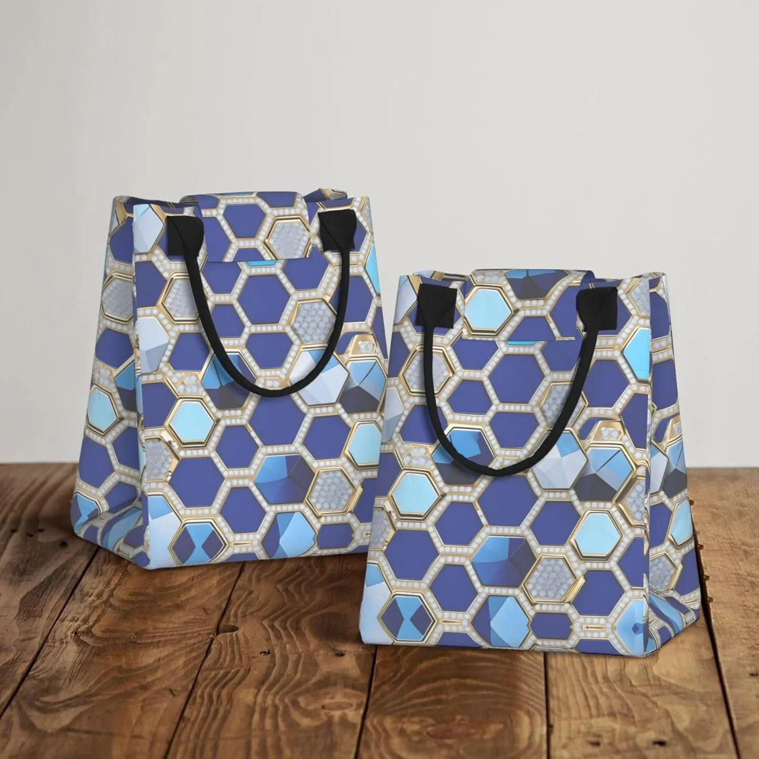 Blue Hexagons And Diamond Lunch Bag For Women Men, Paper Tote Bag For Work, Outdoor Activities, Daily Use