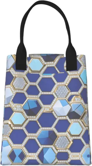 Blue Hexagons And Diamond Lunch Bag For Women Men, Paper Tote Bag For Work, Outdoor Activities, Daily Use
