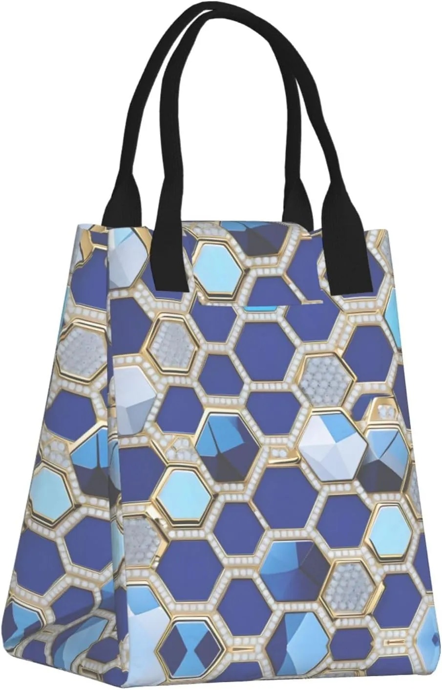 Blue Hexagons And Diamond Lunch Bag For Women Men, Paper Tote Bag For Work, Outdoor Activities, Daily Use