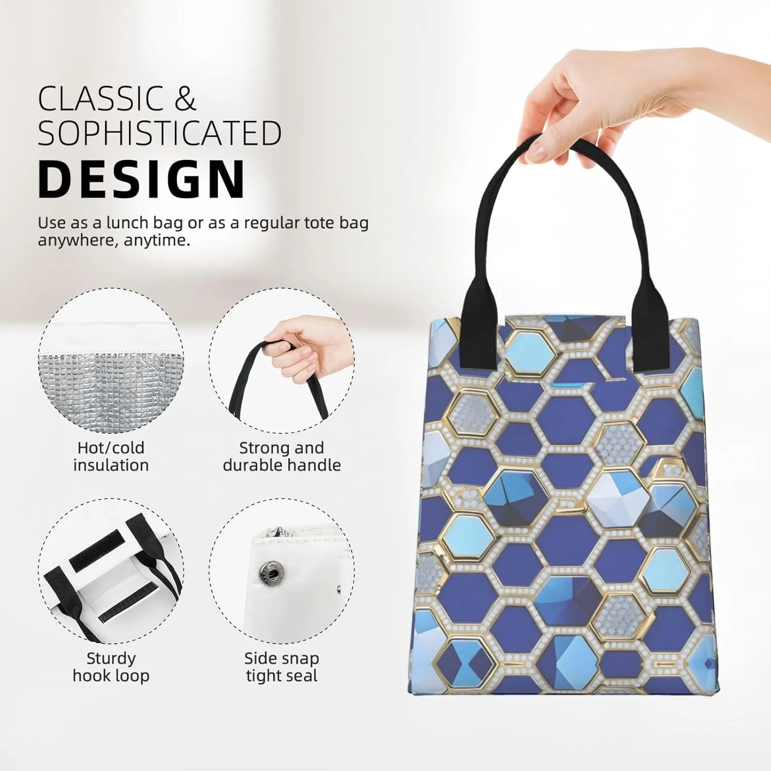 Blue Hexagons And Diamond Lunch Bag For Women Men, Paper Tote Bag For Work, Outdoor Activities, Daily Use
