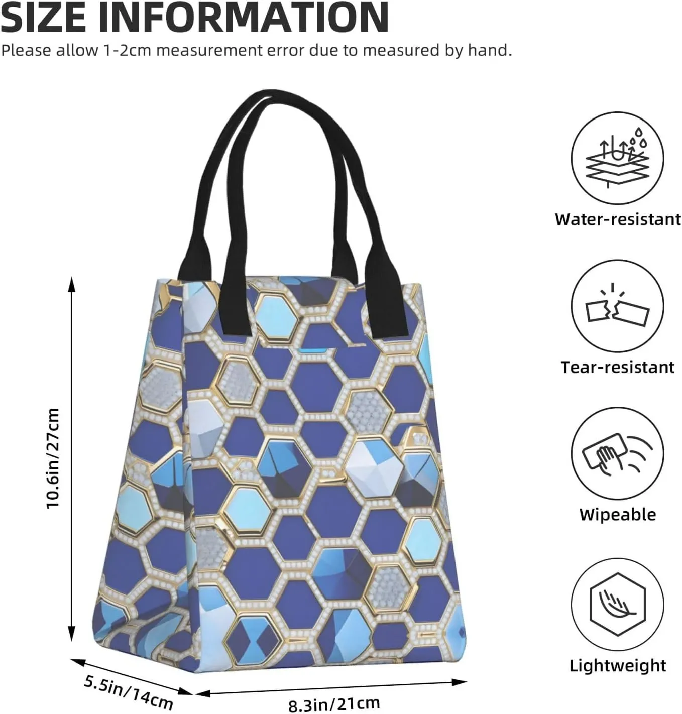 Blue Hexagons And Diamond Lunch Bag For Women Men, Paper Tote Bag For Work, Outdoor Activities, Daily Use