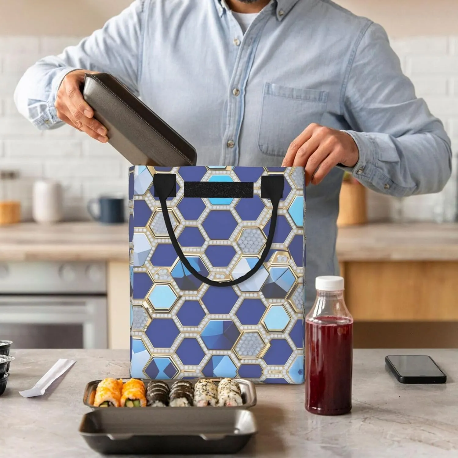 Blue Hexagons And Diamond Lunch Bag For Women Men, Paper Tote Bag For Work, Outdoor Activities, Daily Use